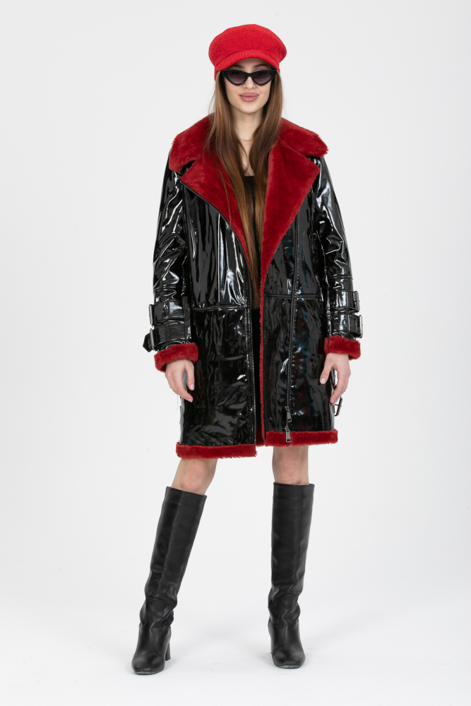 Suni Deri İçi Bordo Kürklü Siyah Rugan Kadın Kaban